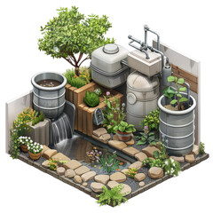 Obraz premium Sustainable backyard design with water reservoir, plants, and landscaping. Eco-friendly gardening for efficient water use.