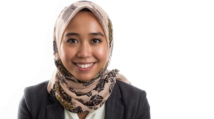 Confident Malaysian Woman in Headscarf Smiling During Job Interview on White Background