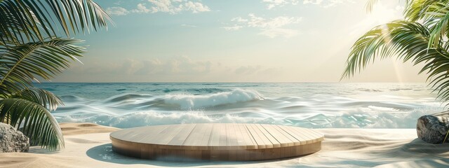 Fototapeta premium Rendu 3D d'un podium rond en bois sur fond de plage tropicale, concept de présentation de produit avec des palmiers, des vagues dans la mer et des rayons de soleil traversant.