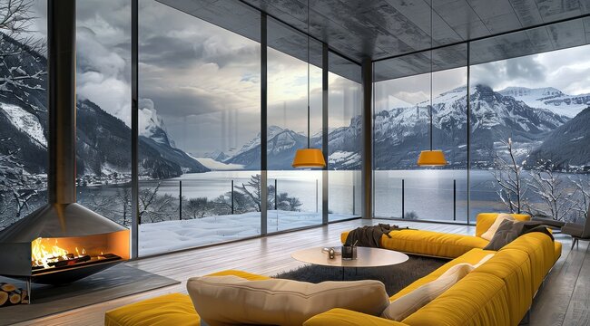 Intérieur luxueux d'un salon moderne dans une villa avec cheminée et grandes fenêtres donnant sur le lac et les montagnes, saison hivernale, journée nuageuse à l'extérieur.