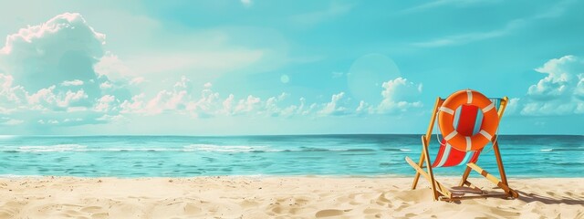 Une chaise de plage en bois et une bouée de sauvetage sur le sable au bord de la mer sur un fond de ciel bleu, concept de vacances d'été, image avec espace pour texte.