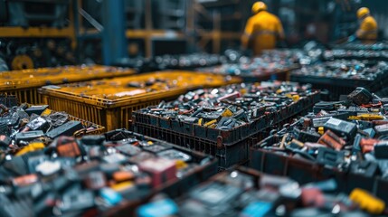 Workers in a large industrial facility sorting through bins of discarded electronic components, emphasizing the process of recycling and managing electronic waste.