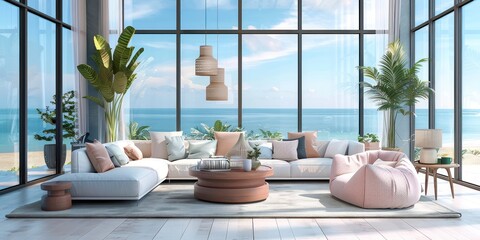 Salon moderne avec de grandes fenêtres donnant sur l'océan, couleurs bleu pastel et rose, canapé blanc avec coussins, table basse en bois, plantes en pot, lumière vive, atmosphère tranquille.