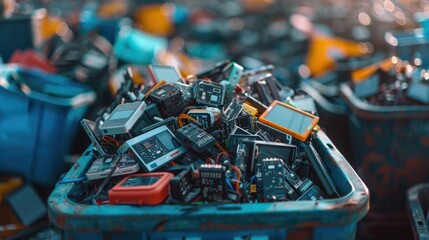 Recycling bin overflowing with outdated smart devices, with various electronic components spilling out, showcasing the environmental impact of tech waste.
