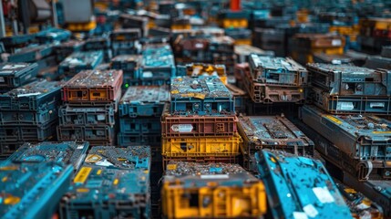 Obraz premium Rows of used EV batteries stacked in a recycling center, showcasing the massive scale of battery waste. The background features machinery and tools used for battery dismantling and recycling processes