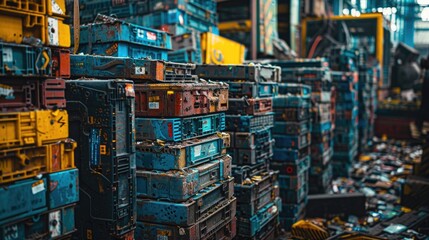 Rows of used EV batteries stacked in a recycling center, showcasing the massive scale of battery waste. The background features machinery and tools used for battery dismantling and recycling processes
