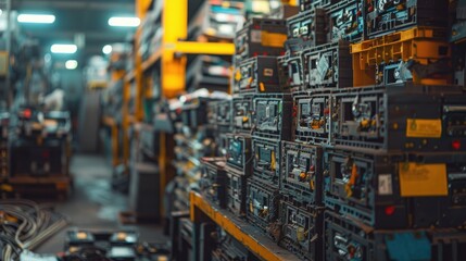 Rows of used EV batteries stacked in a recycling center, showcasing the massive scale of battery waste. The background features machinery and tools used for battery dismantling and recycling processes