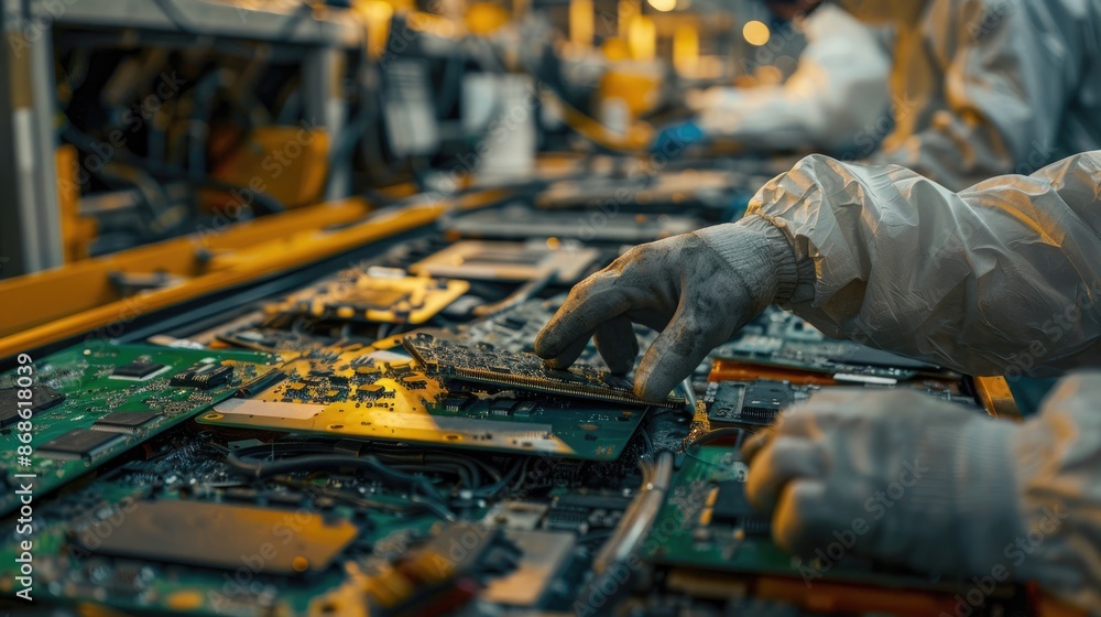 Poster workers in protective gear disassembling old electronic devices in a recycling facility. the photo c