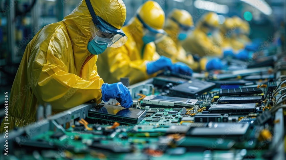 Poster workers in protective gear disassembling old electronic devices in a recycling facility. the photo c
