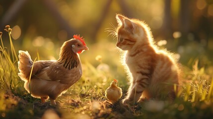 A cute kitten and chicken in the sunrise light very detailed and realistic shape