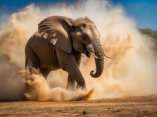 Fototapeta premium Dynamic movement of an elephant as it performs a dust bath ritual, kicking up clouds of dust and creating abstract shapes and patterns in the air.