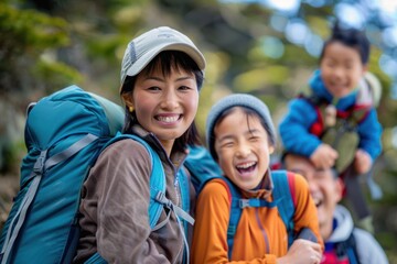 Japanese family exploring a mountain trail, hiking and adventure, teamwork and joy, stunning natural backdrop