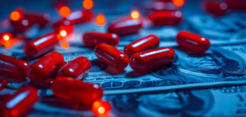Red pills from red packaging scattered on dollar bills, with a dark blue background and blurred lights, illustrating financial and health themes.