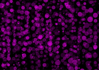A black abstract background consisting of pink circles of various sizes scattered throughout the image can be used in media design.
