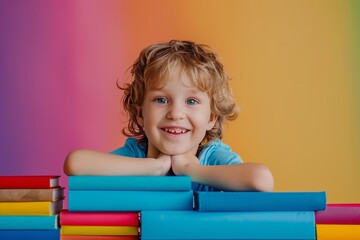Joyful child with books on gradient backdrop, offering abundant space for text placement