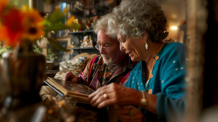 a close-up image of an LGBTQ+ elder couple looking through a photo album, reminiscing about their shared memories, authentic moments, unique experiences, personalities, LGBTQ+, eld
