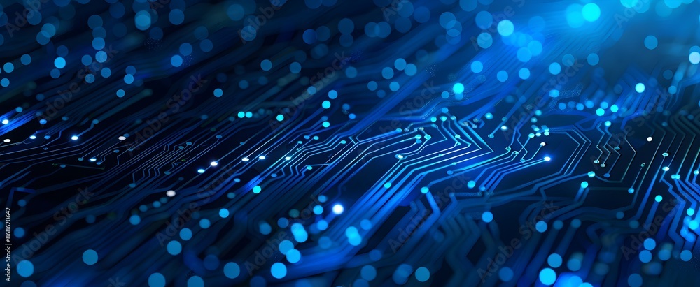 Poster abstract technology background with a circuit board pattern and blue glowing dots on a dark blue ban