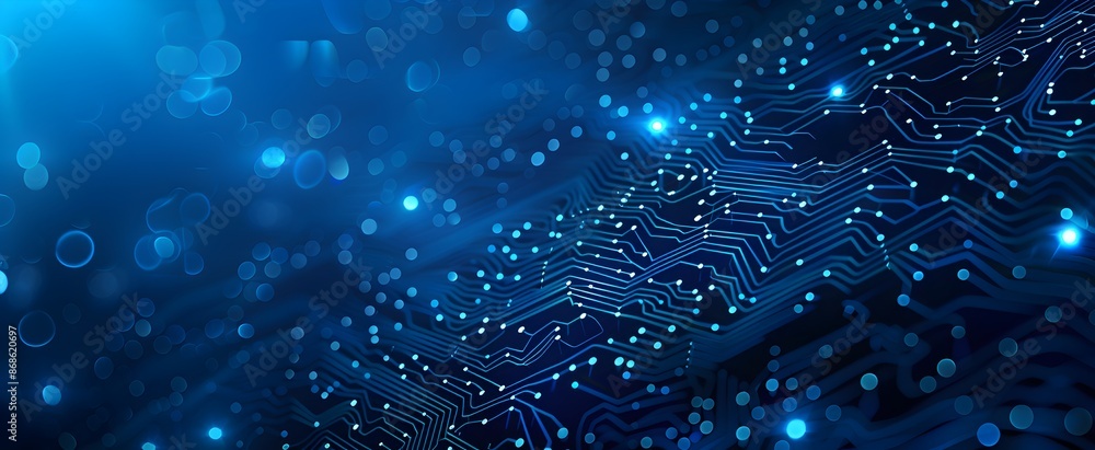 Poster abstract technology background with a circuit board pattern and blue glowing dots on a dark blue ban