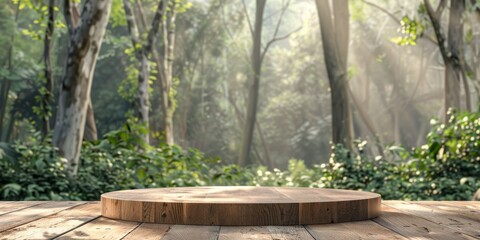 Wood tabletop podium floor in outdoors tropical garden forest blurred green leaf plant nature background.Natural product placement pedestal stand display,jungle paradise concept. High quality photo