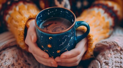 Celestial-Themed Cosmic Travel Mug with Zodiac Symbols and Soft Lighting