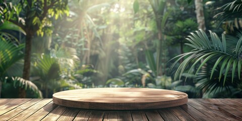 Fototapeta premium Wood tabletop podium floor in outdoors tropical garden forest blurred green leaf plant nature background.Natural product placement pedestal stand display,jungle paradise concept. High quality photo