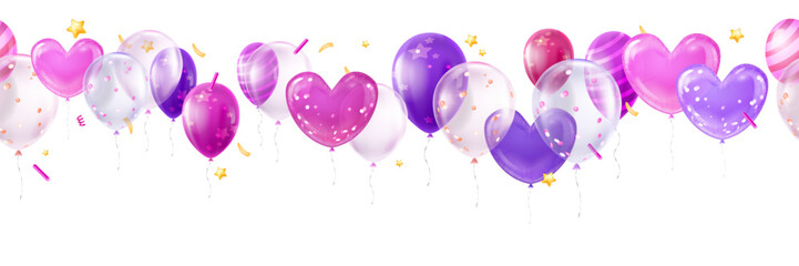 3D balloon seamless frame, vector holiday party decoration border, Valentine pink heart shape. Shiny transparent air decor festive birthday greeting color bubble carnival joy design. 3D balloon banner