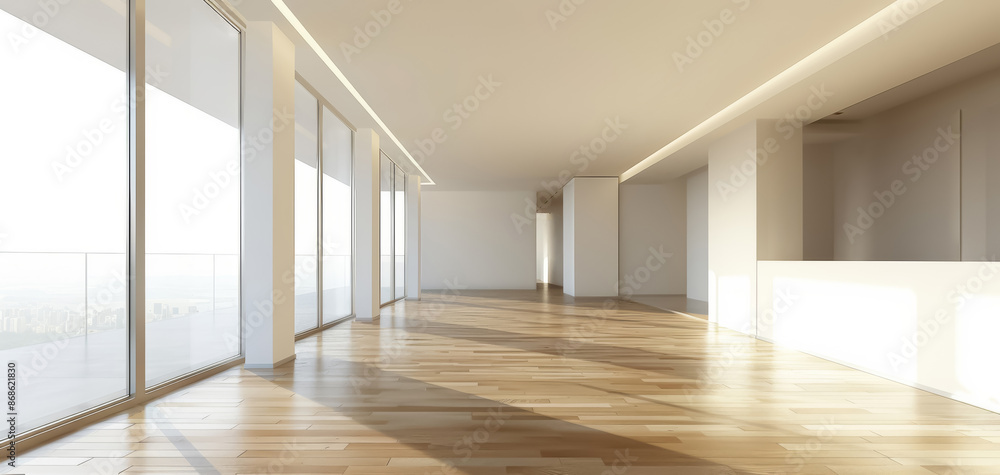 Poster empty room with parquet flooring and white walls, featuring a large panoramic window on the left.
