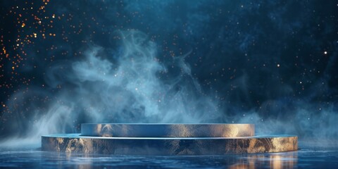 Abstract Blue and Gold Platform with Smoke and Lights