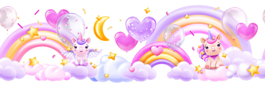 3D clouds rainbow seamless border, vector magic kids pink background, cute cartoon unicorn, stars. Fairy tale sky horizontal wallpaper, baby kawaii pony bedroom banner. Sweet fantasy 3D clouds frame
