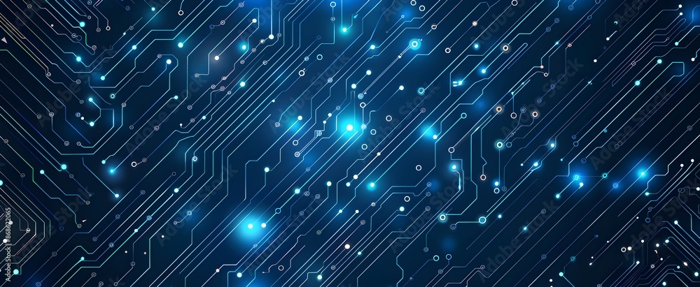 Poster blue technology background with circuit board and glowing dots, vector illustration of digital netwo