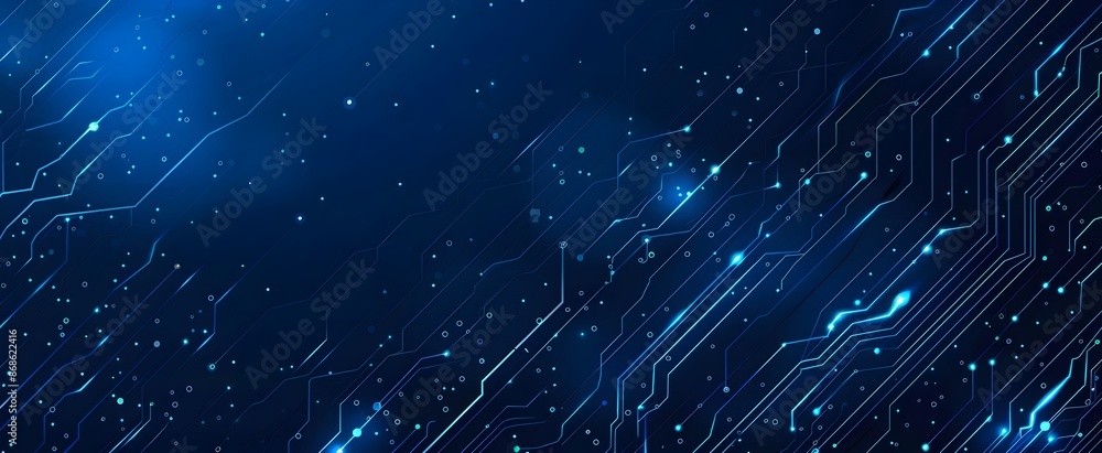 Poster blue technology background with circuit board and glowing dots, vector illustration of digital netwo