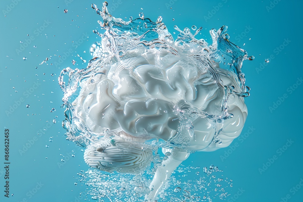 Poster a brain is shown in a pool of water, with the water splashing around it. the brain is white and he i