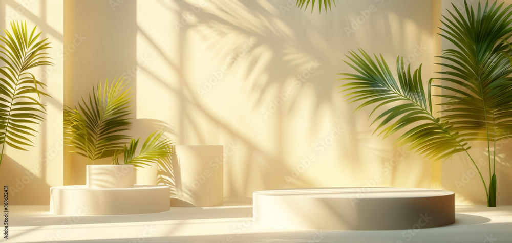 Poster beige abstract background featuring simple geometric shapes and podiums, ideal for showcasing produc