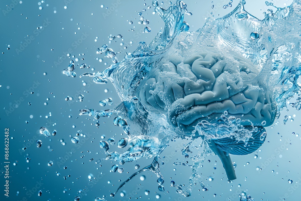 Poster a brain is floating in a pool of water. the brain is surrounded by water droplets, creating a sense 