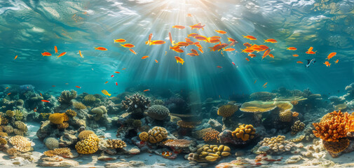 Naklejka premium Beautiful coral reef with colorful fish and sun rays, capturing underwater splendor.
