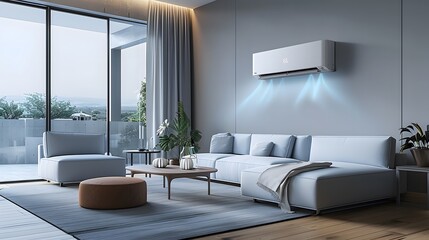 Air conditioning unit emitting a cool breeze in the summer season into a room, Inviting air-conditioned living room with visible cool air. 