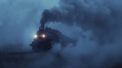 A ghostly steam train apparition appears out of the thick fog very detailed and realistic shape