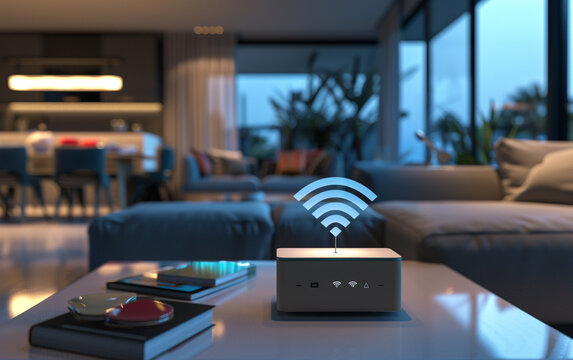 Central WiFi device spreading signals throughout a modern living room, showcasing a high-tech and ultra-realistic setting.