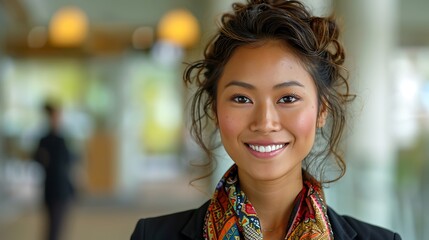 A Southeast Asian businesswoman with a brightly colored scarf adds a touch of cultural flair to her professional attire. Her confident smile and a slight nod towards the camera demonstrate her