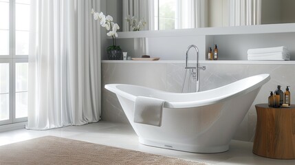 Fototapeta premium A sleek freestanding bathtub graces a modern bathroom, its minimalist design exuding elegance and inviting relaxation This luxurious space embodies the essence of contemporary interior design