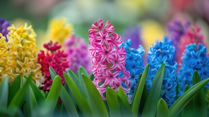 Anna Lizas Embrace Hyacinths in vibrant hues, known as Anna Liza, burst forth in a riot of color, illuminating the garden with their exquisite beauty