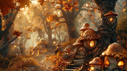 Obraz premium Autumnal Adventure A whimsical journey through a magical forest, where golden leaves dance and hidden treasures await discovery, captivating young imaginations