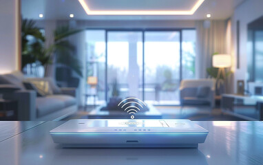Central WiFi device spreading signals throughout a modern living room, showcasing a high-tech and ultra-realistic setting.