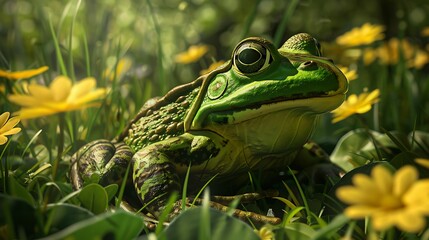 Obraz premium A green frog that is sitting in sunfower fied very detailed and realistic shape