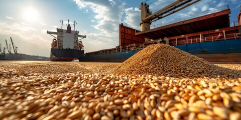 A large pile of grain is on the ground next to a ship. The grain is spread out and he is in a field