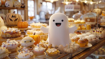 Ghostly Delights A cozy autumn bakery beckons with friendly ghosts and mouthwatering Halloween-themed treats, creating a whimsical and enchanting atmosphere