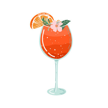 recommend clip art: Cool Summer drink. Spritz Cocktail. Glass with beverage, orange slice, flower and herbs decor. Orange juice lemonade. Traditional Italian aperitif. Hand drawn vector illustration.
                    