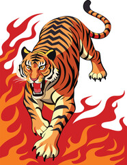Angry tiger leaping through fire illustration