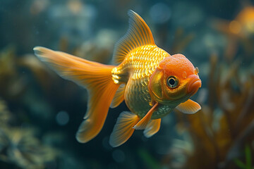 Close-Up of Oranda Goldfish in Aquarium Tank