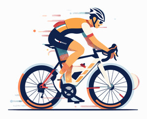 Obraz premium A cyclist riding quickly on a road bike, wearing a helmet and cycling gear. Flat design illustration